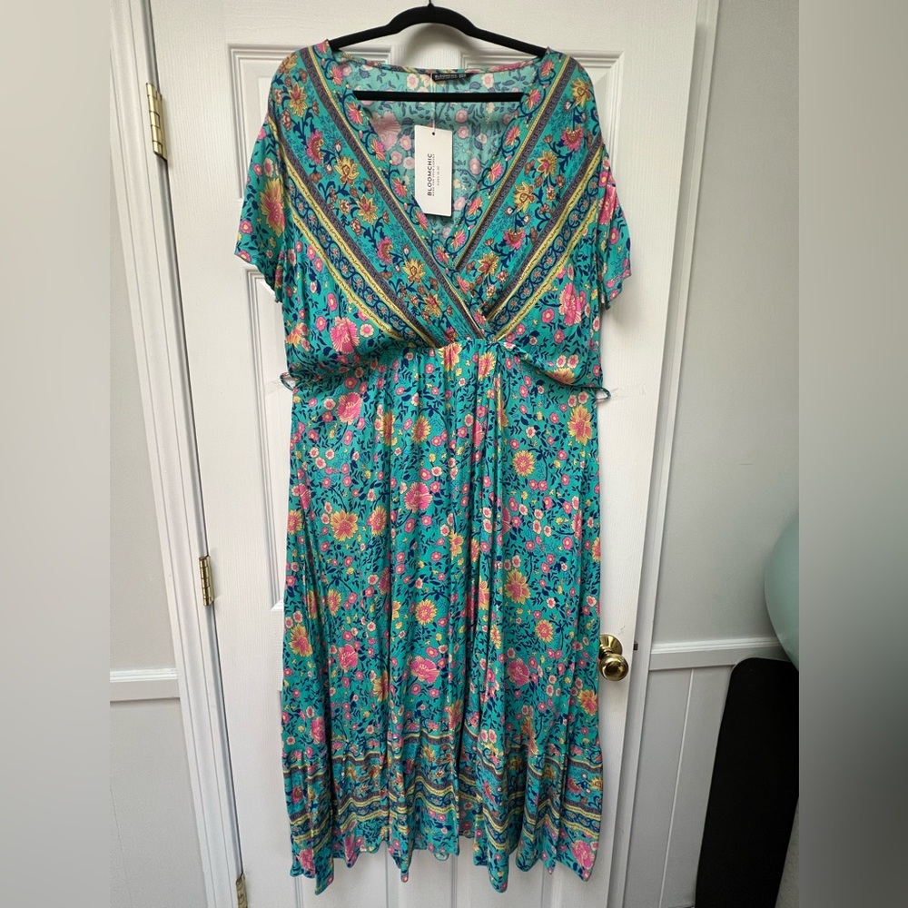 Bloomchic NEW colorful floral belted wrap maxi dress